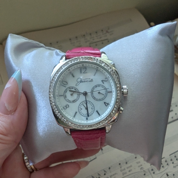 Pink Leather Strap Watch with Silver Accents - Picture 1 of 10